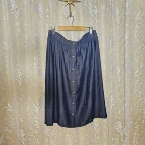 Faded Glory Blue A-Line Midi Skirt with Buttons